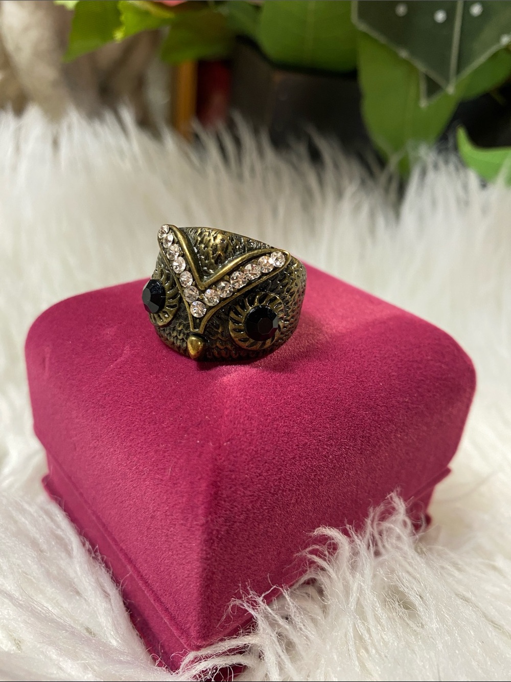 Antique Copper Owl Ring with Black Eyes and Clear Crystals Sz 7